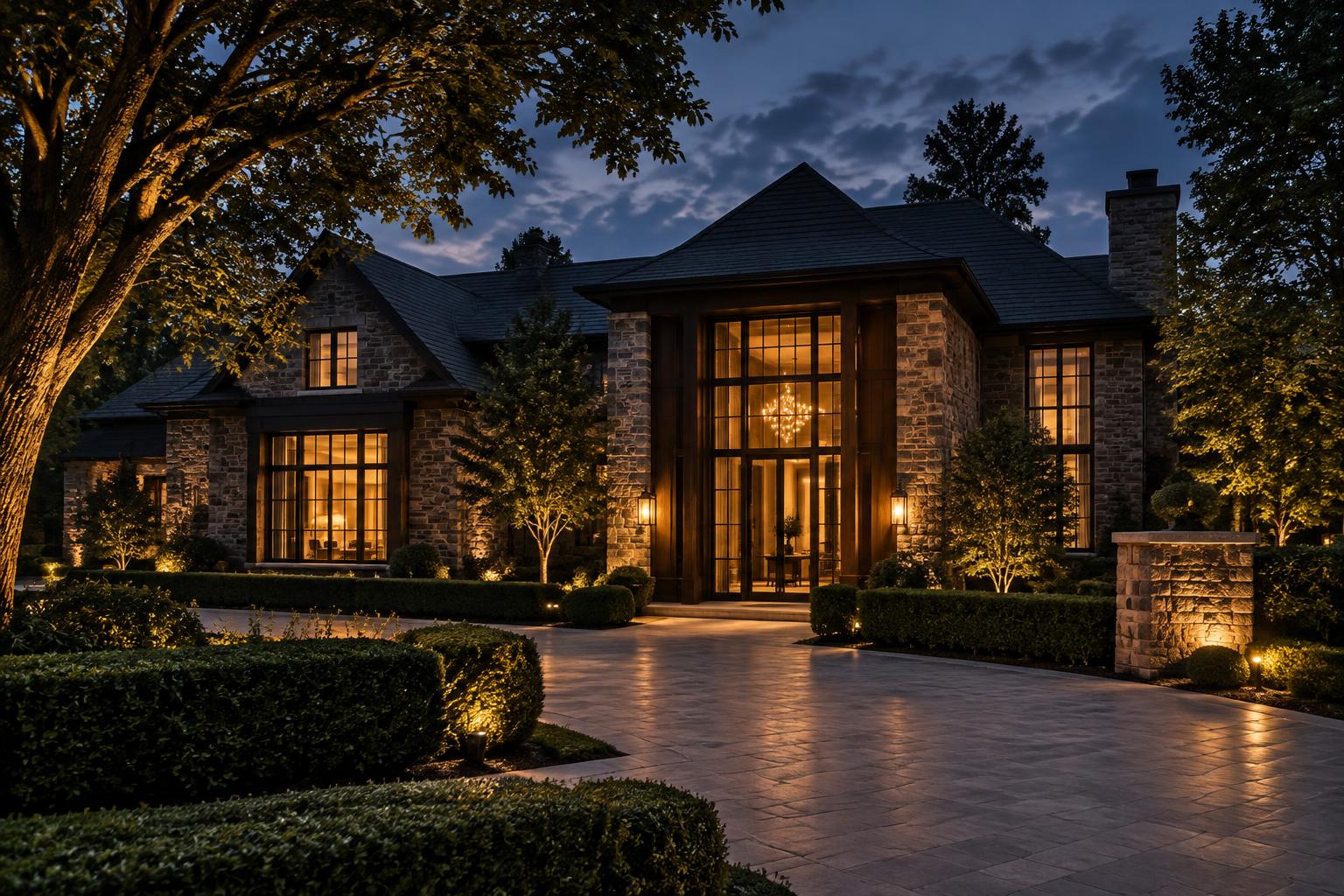 Private stone estate glowing with warm light at dusk