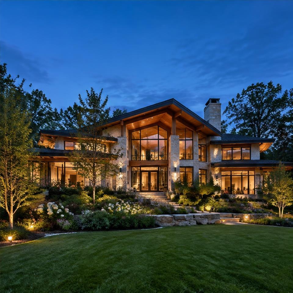 Completed contemporary residence with landscaped garden at dusk