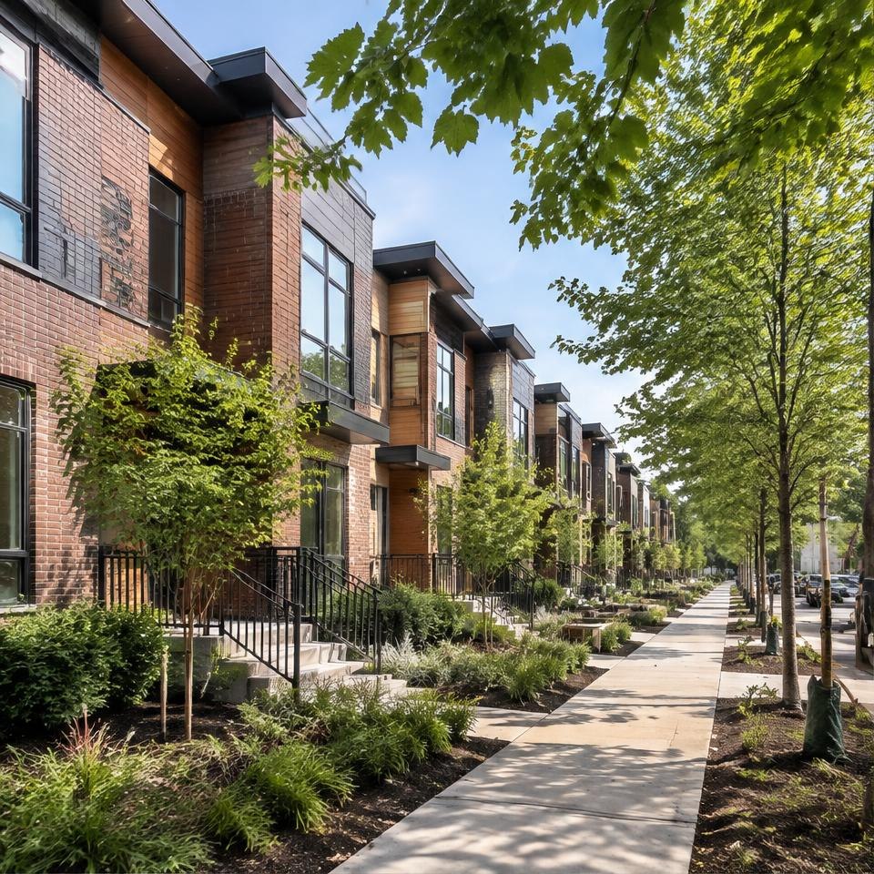 Contemporary townhomes along a landscaped pedestrian path