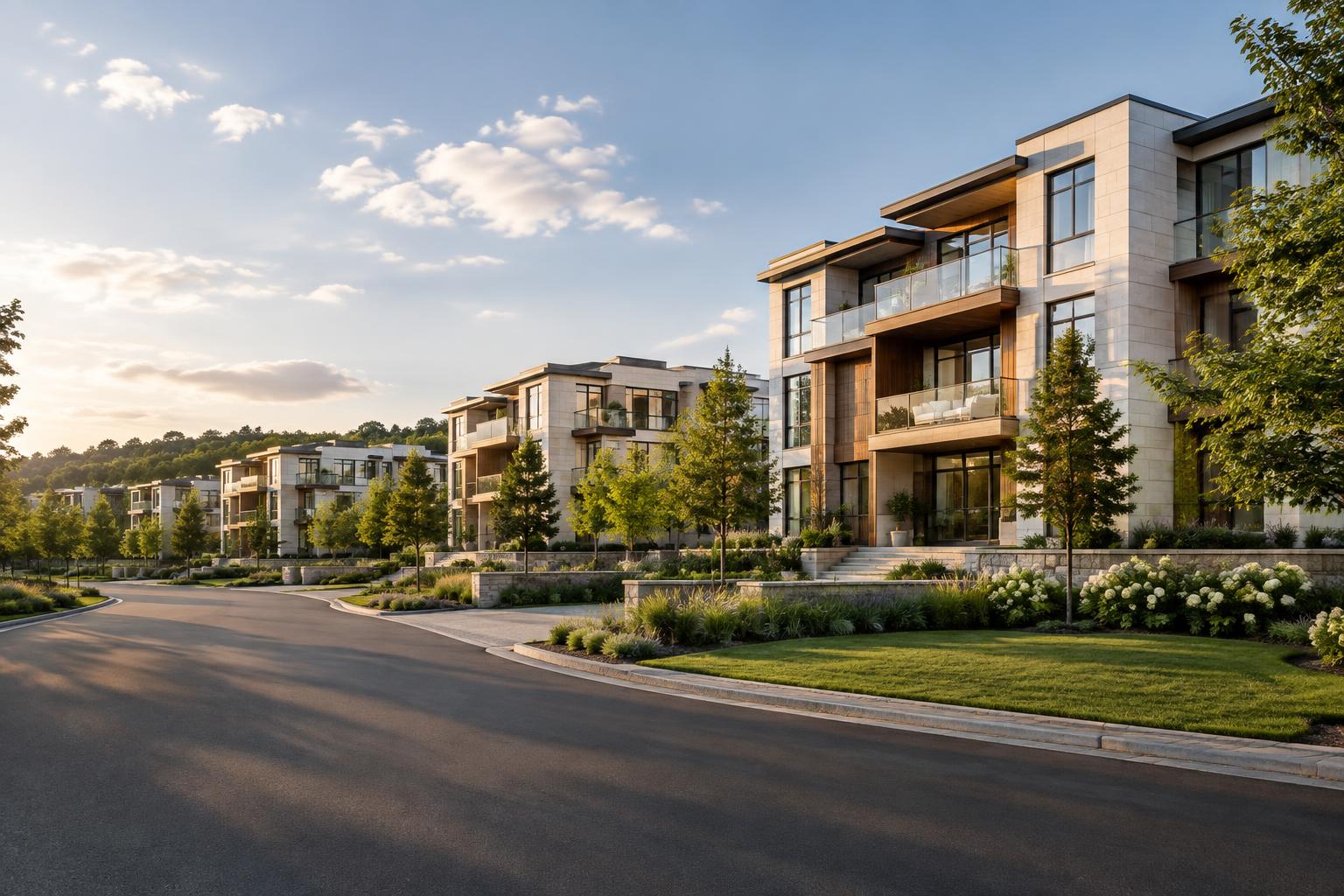 Contemporary residential buildings along a landscaped street
