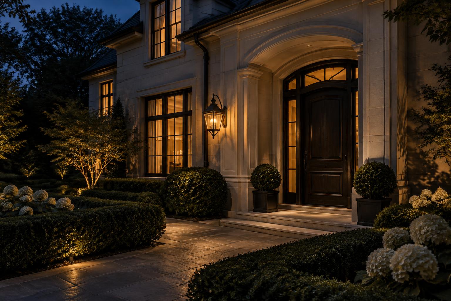 Lantern-lit entrance of a luxury stone estate at dusk