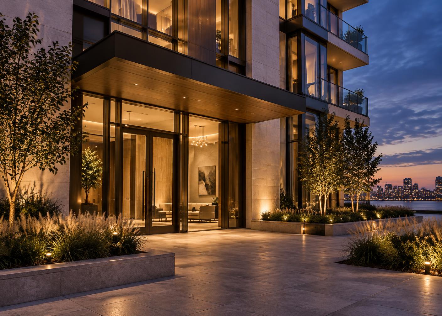 Modern condominium building exterior with landscaped entry forecourt