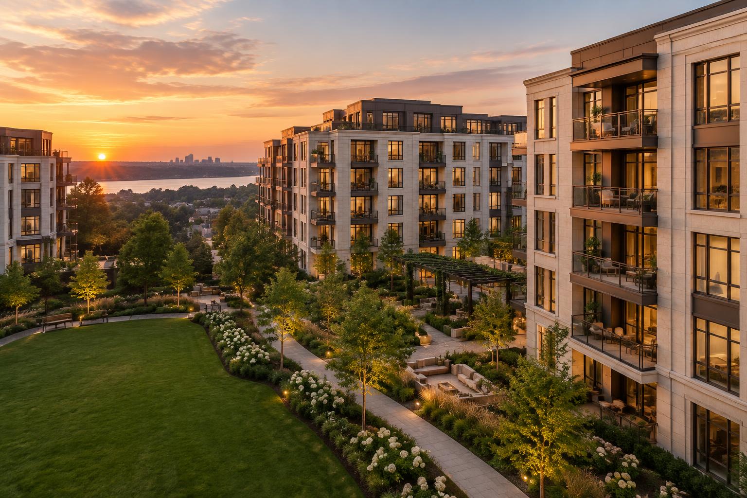 Large modern residential condominium community in North Jersey at blue hour