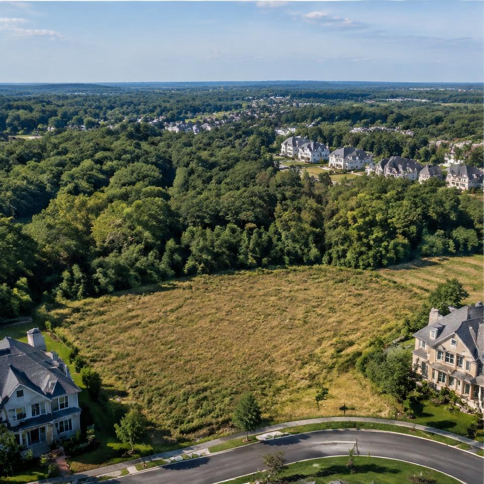 Aerial view of an open residential parcel at the edge of a neighborhood