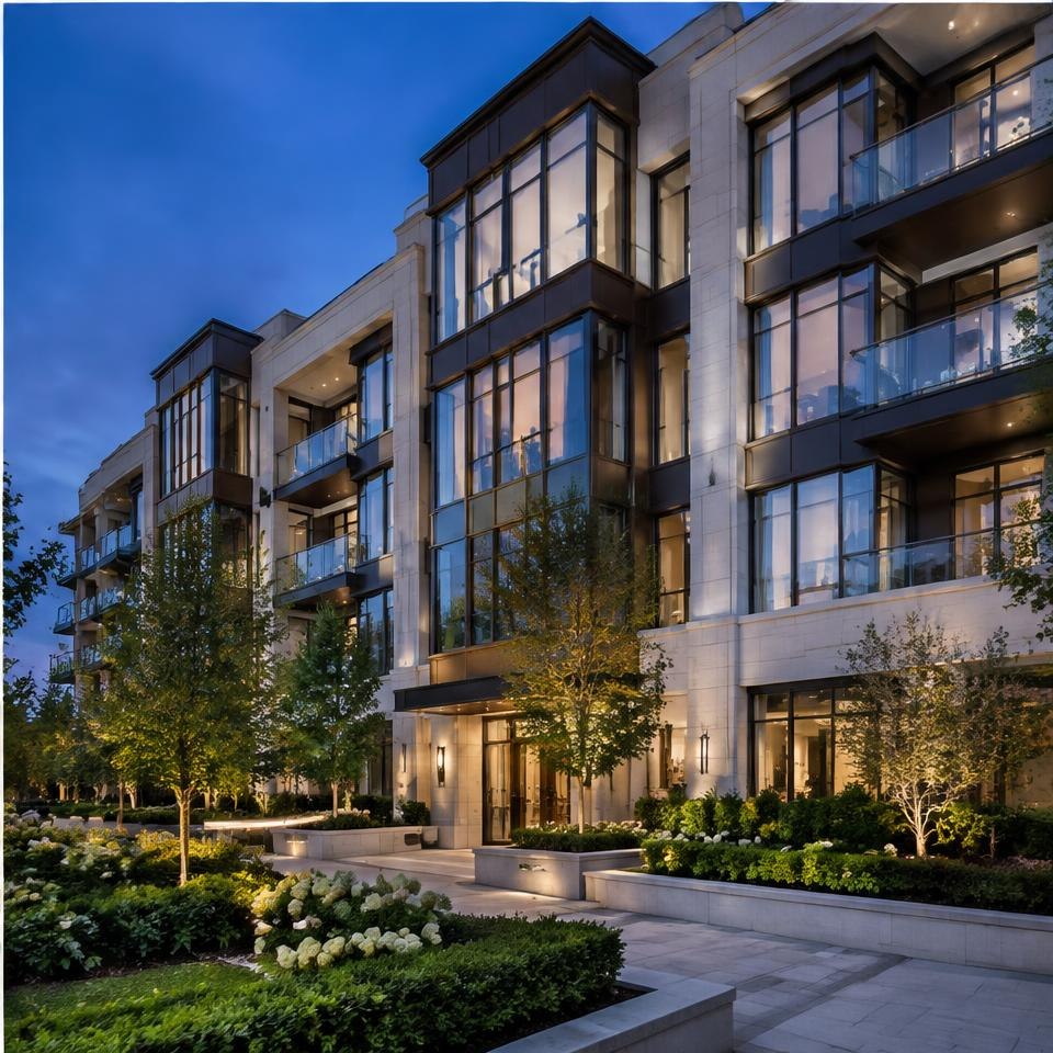 Modern multi-unit residential building with landscaped entrance