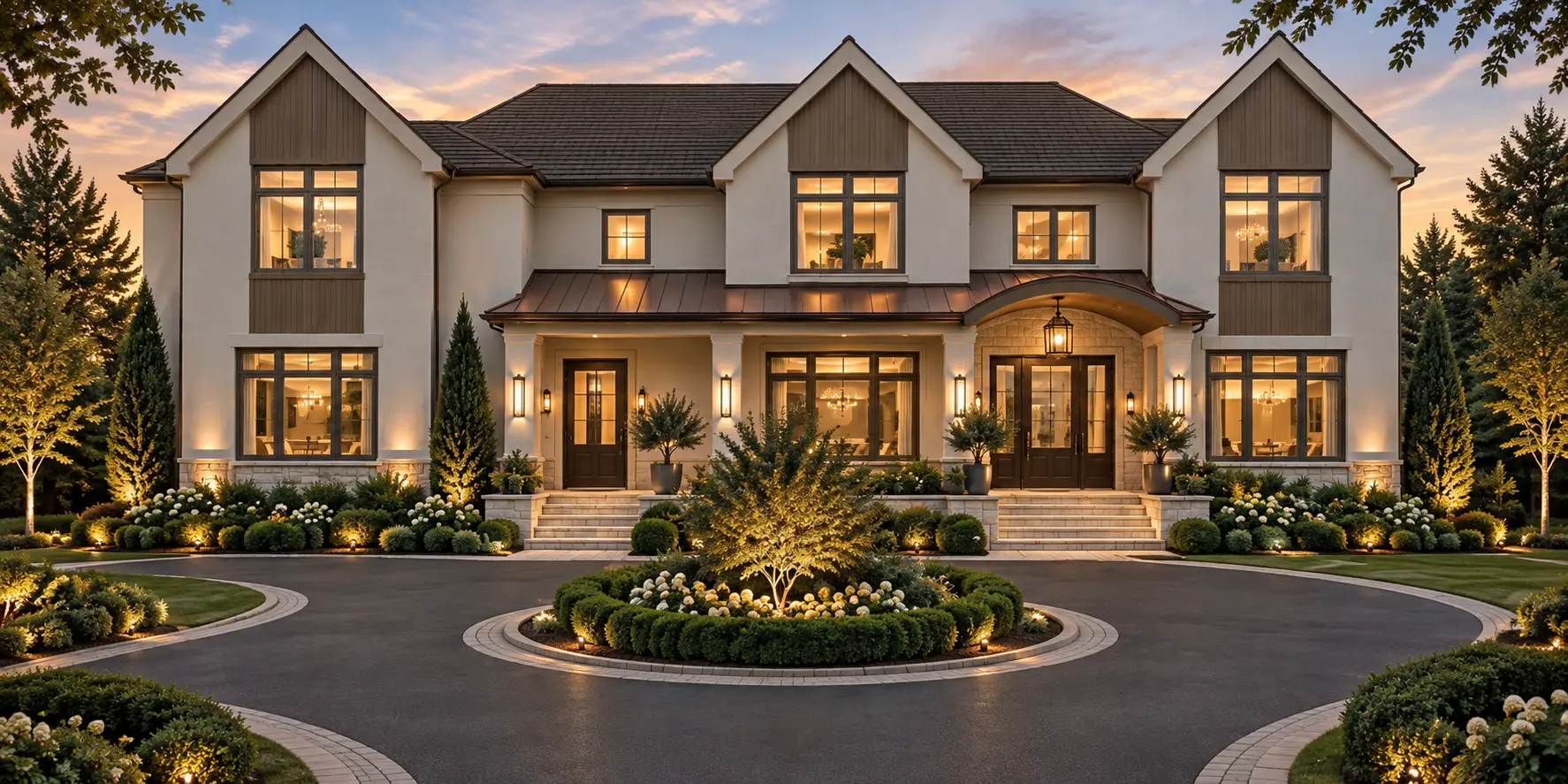 Luxury residence by Trinity Developers with gabled facade and circular landscaped drive at sunset