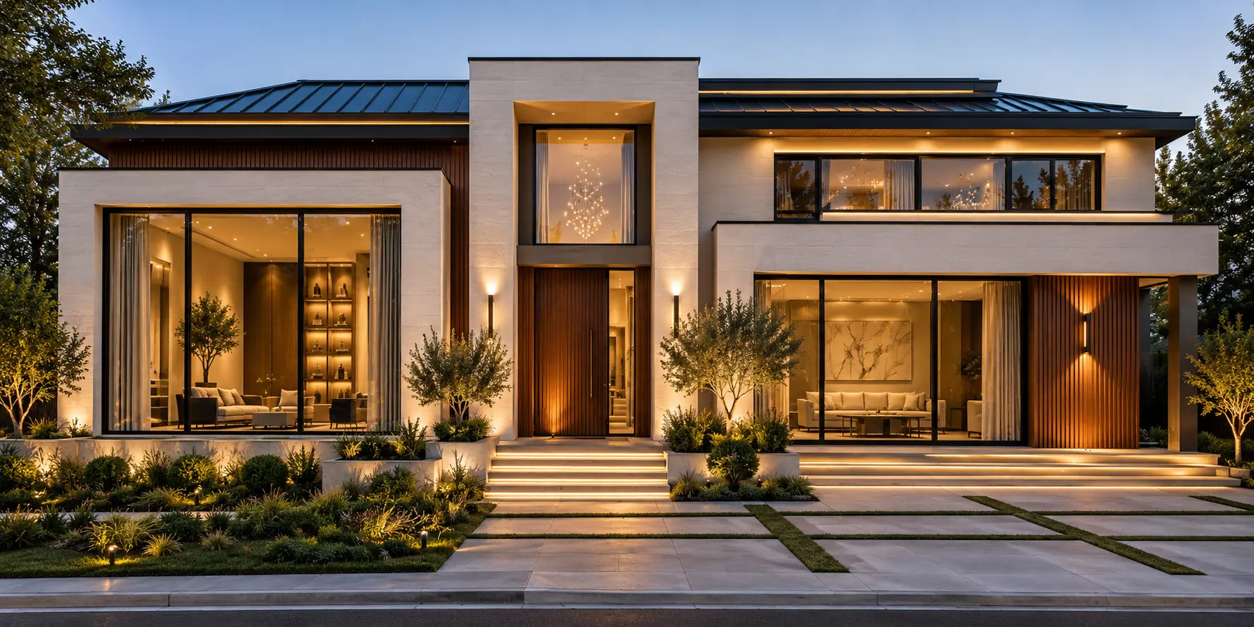 Contemporary luxury home by Trinity Developers with limestone, walnut and lit glass at dusk