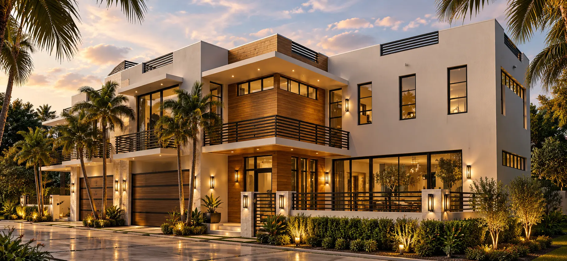 Modern multi-level townhouse development by Trinity Developers with timber cladding and balconies at golden hour